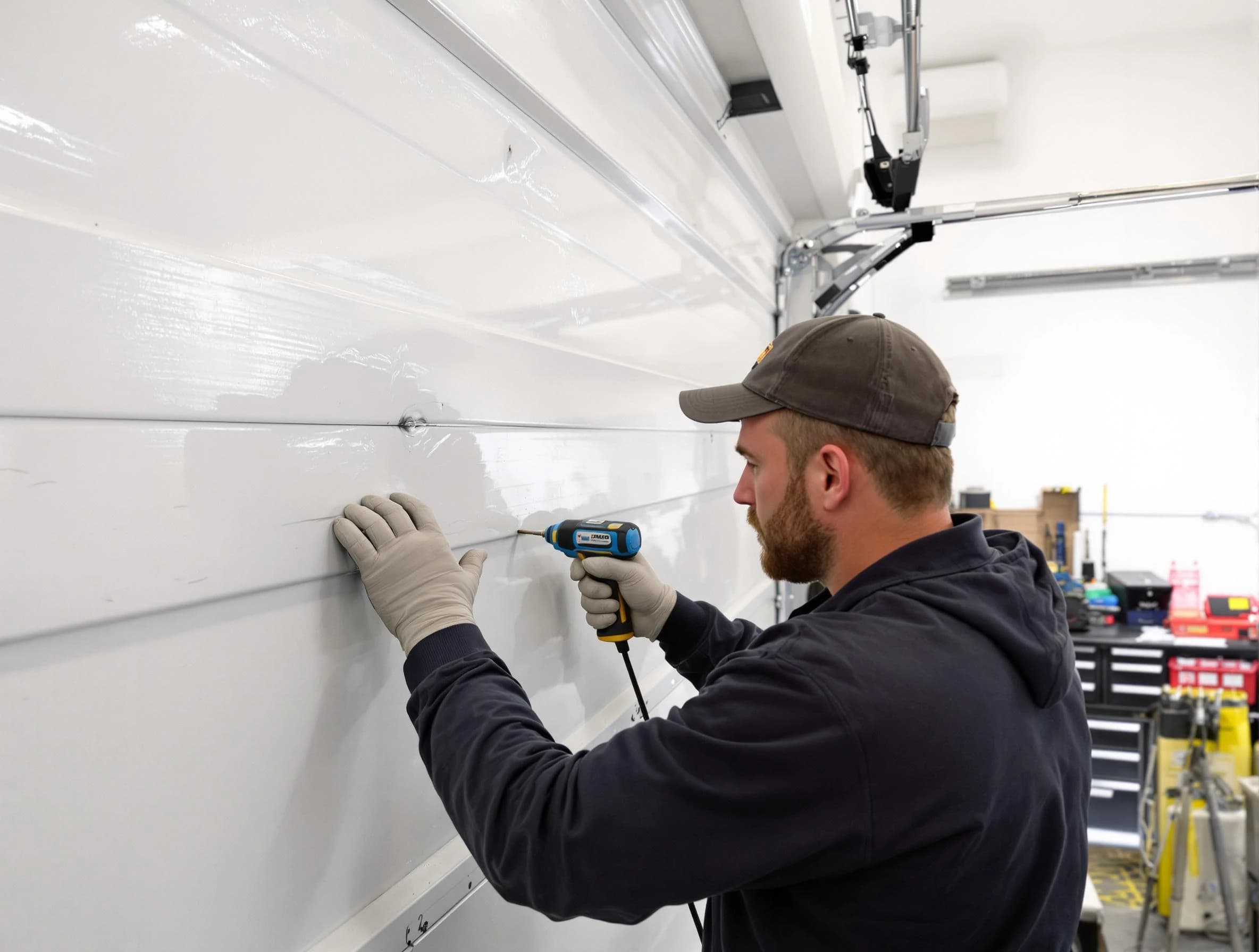 Grantsville Garage Door Repair technician demonstrating precision dent removal techniques on a Grantsville garage door